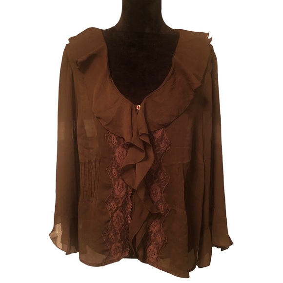New York Designs Separates Brown Sheer Ruffle Front Blouse size XL - Picture 6 of 7